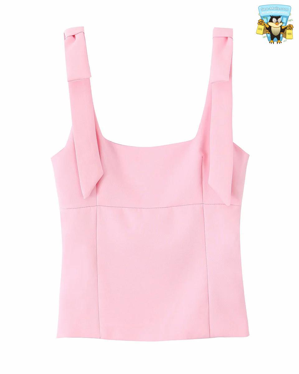 Women's Summer Elegant Square Collar Sleeveless Bow Sling Top with Side Zipper