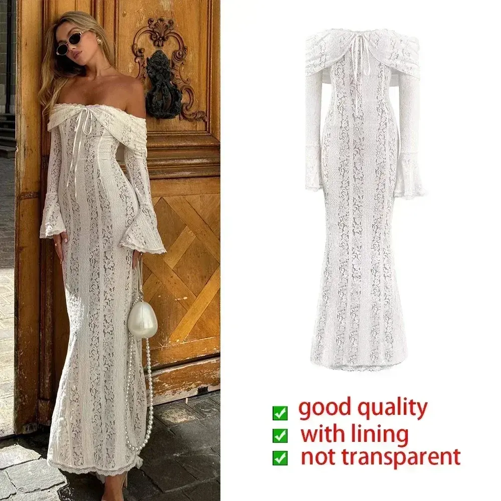 White Off Shoulder Lace Maxi Dress with Long Sleeves