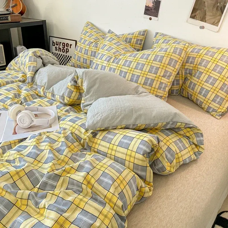 Japanese Style Check Queen Quilt Cover Set 1/3 Pcs Soft Washed Duvet Cover and Pillowcase or Only Duvet Covers Skin-friendly