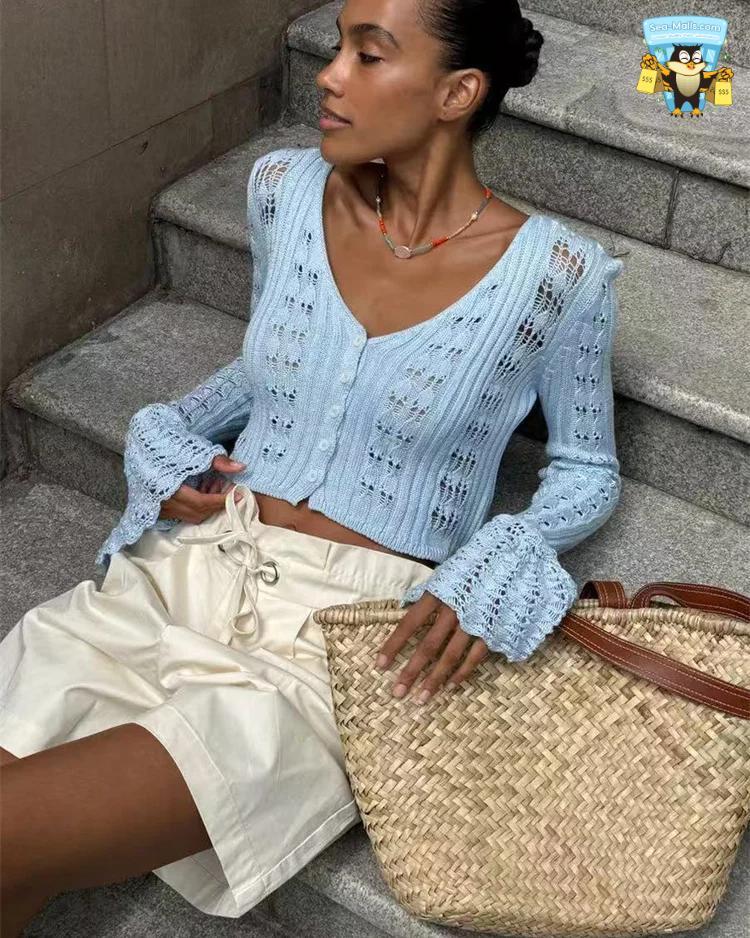 Knitwear Hollow Out Sweater Cardigan V-Neck Cropped Top