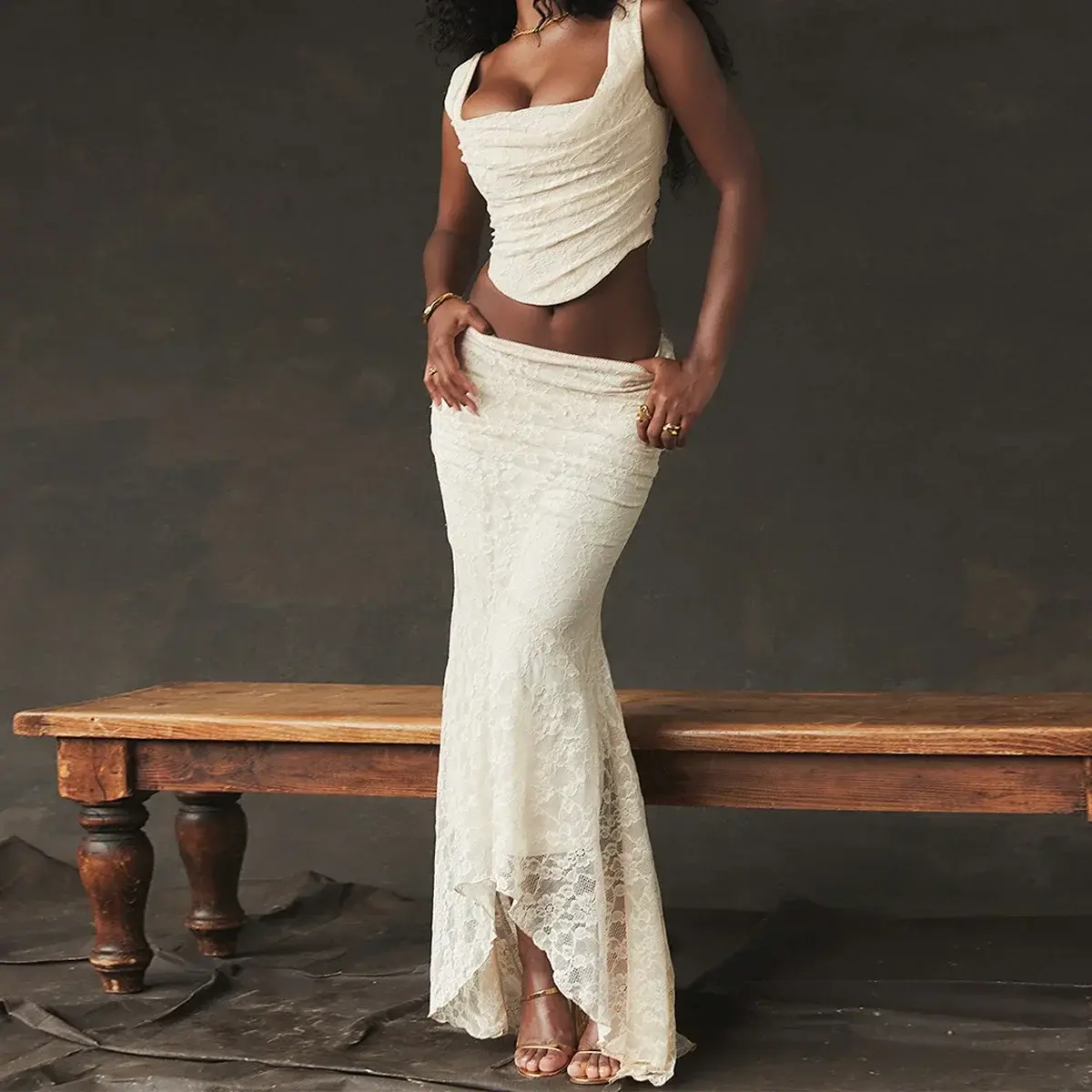 Elegant Lace Up Crop Top and Maxi Skirt Set Formal Dress