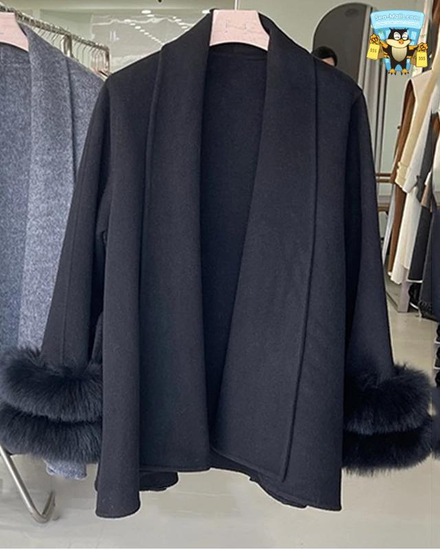 Women's Elegant Woolen Belted Coat with Fur Cuffs Long Sleeve Office Lady Overcoat