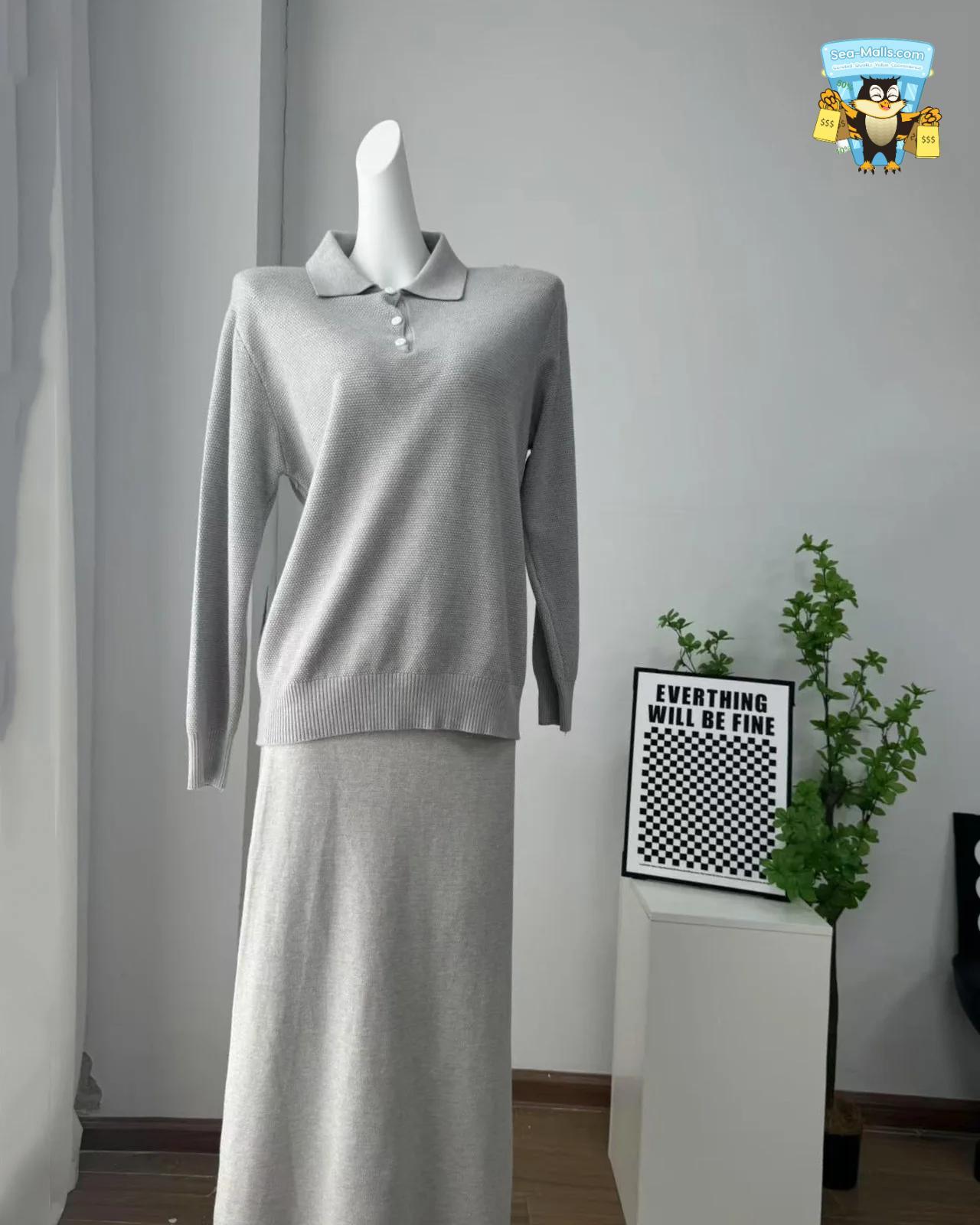 Winter Knitted Polo Sweater & Wide-Leg Pants Set for Women