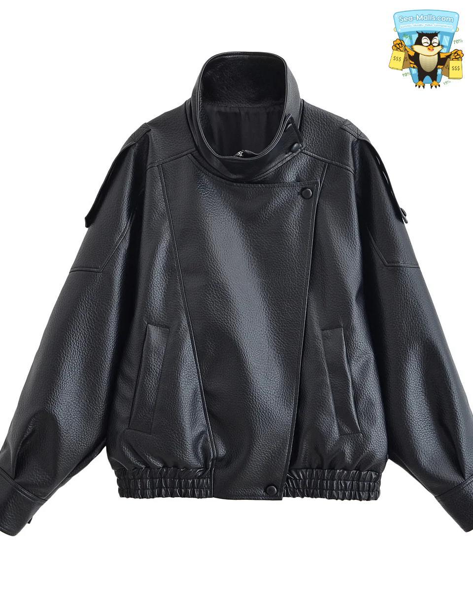 Women Autumn Asymmetric Button Jacket Long Sleeve High Street Faux Leather Coat