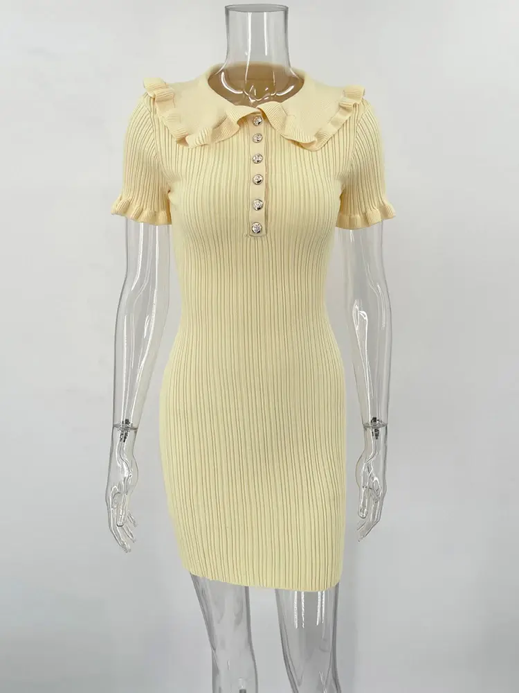 Ruffled Knitted Bodycon Mini Dress High-Waist Retro Summer Style