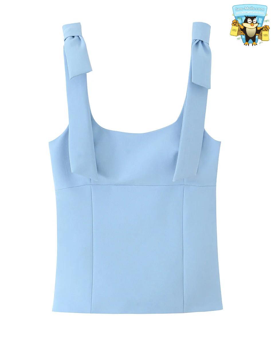 Women's Summer Elegant Square Collar Sleeveless Bow Sling Top with Side Zipper
