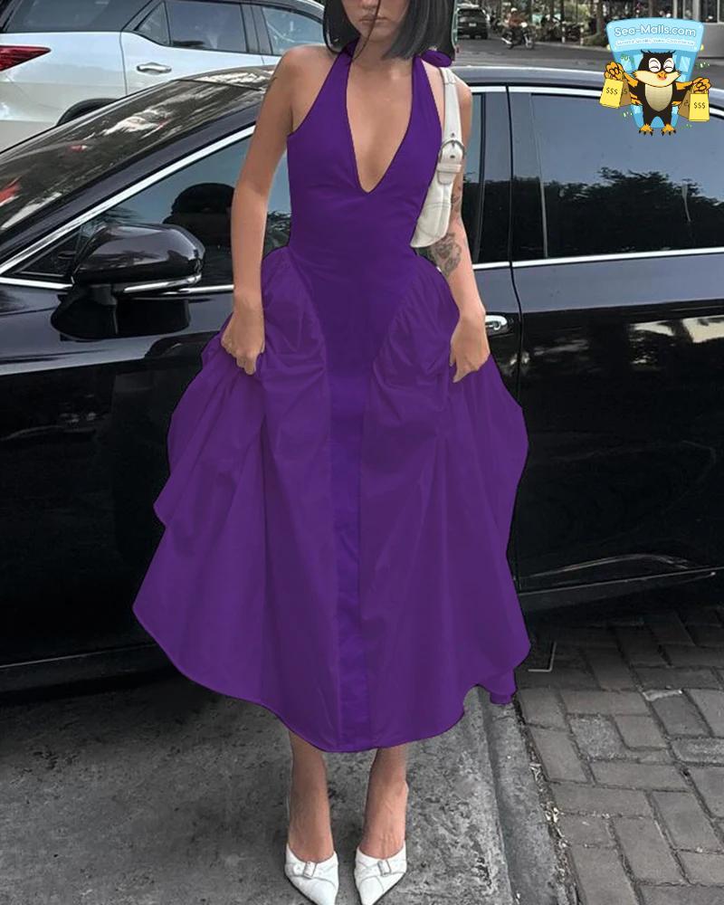 Backless Deep V Long Sexy Halter Sleeveless Dress