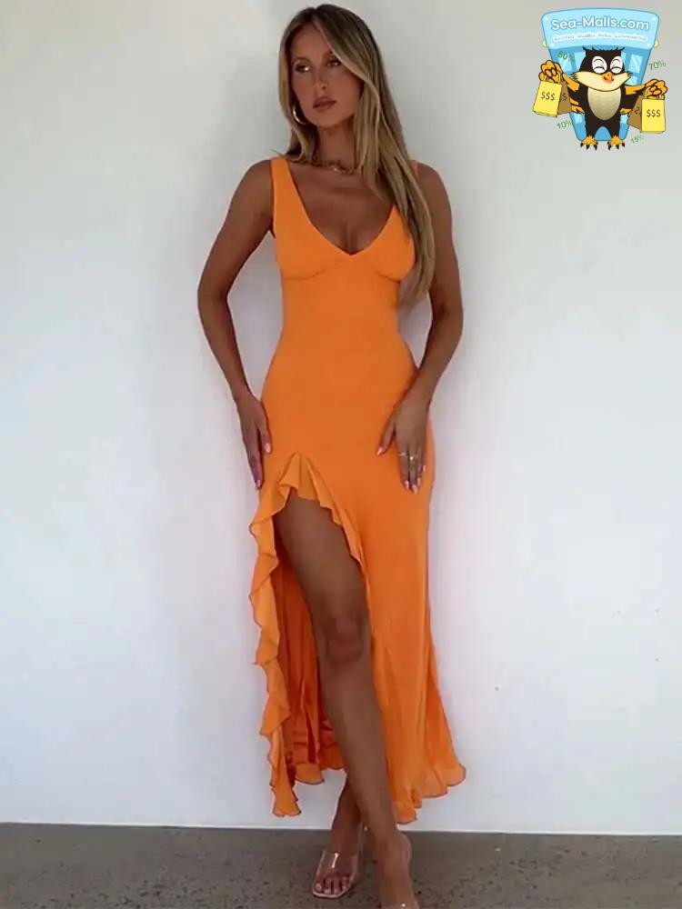Ruffle High Split Maxi Dress Women Elegant V-Neck Summer Party Evening Gown
