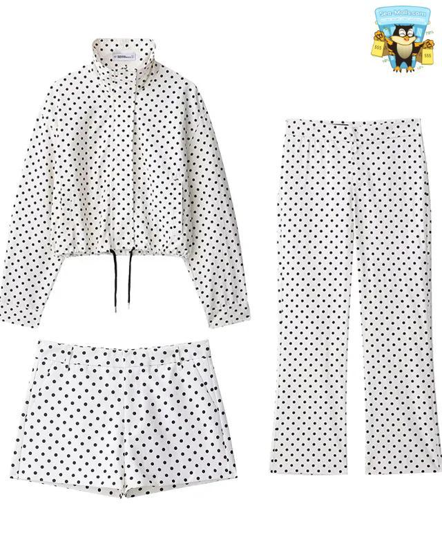 Women's Polka Dot Zipper Jacket with Pockets Long Sleeve Turtleneck Coat