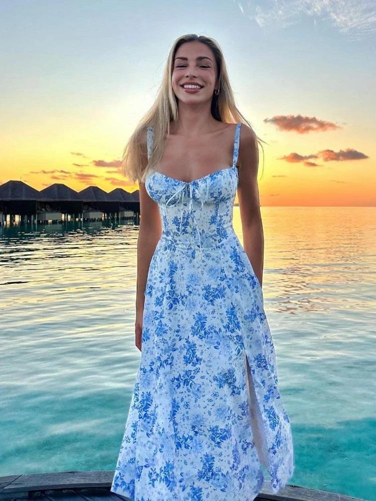 Women's Summer Floral Midi Dress with Slit and Lace Up Detail