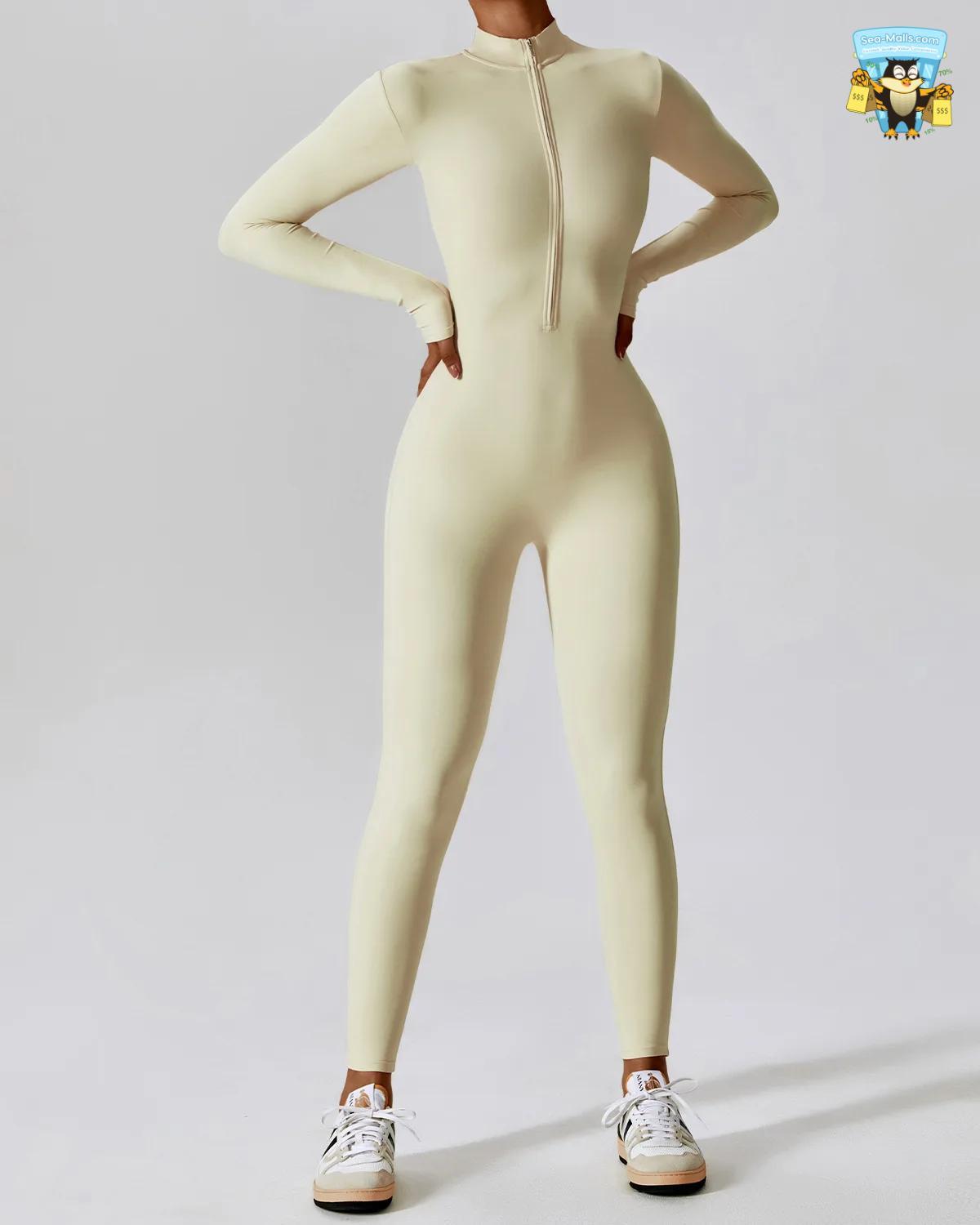 Women’s Jumpsuit One-Piece Yoga Bodysuit with Zipper Long Sleeve