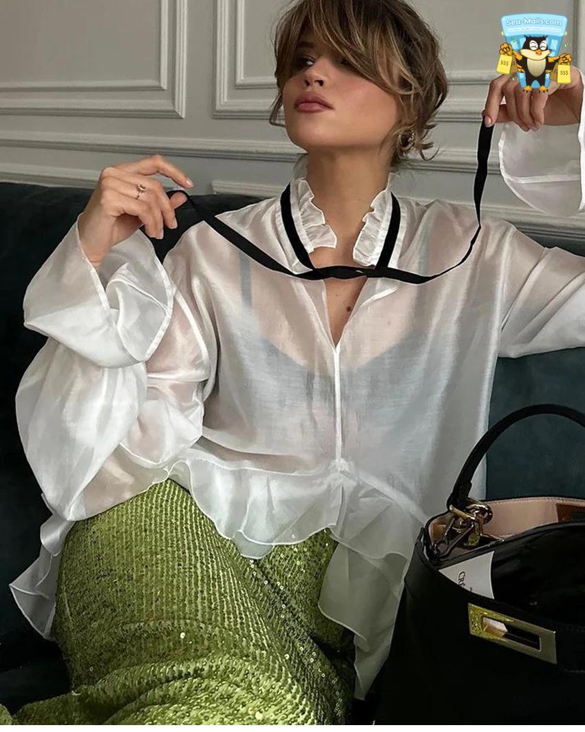 Ruffle Collar Long Sleeve Blouse Sheer Loose Fit