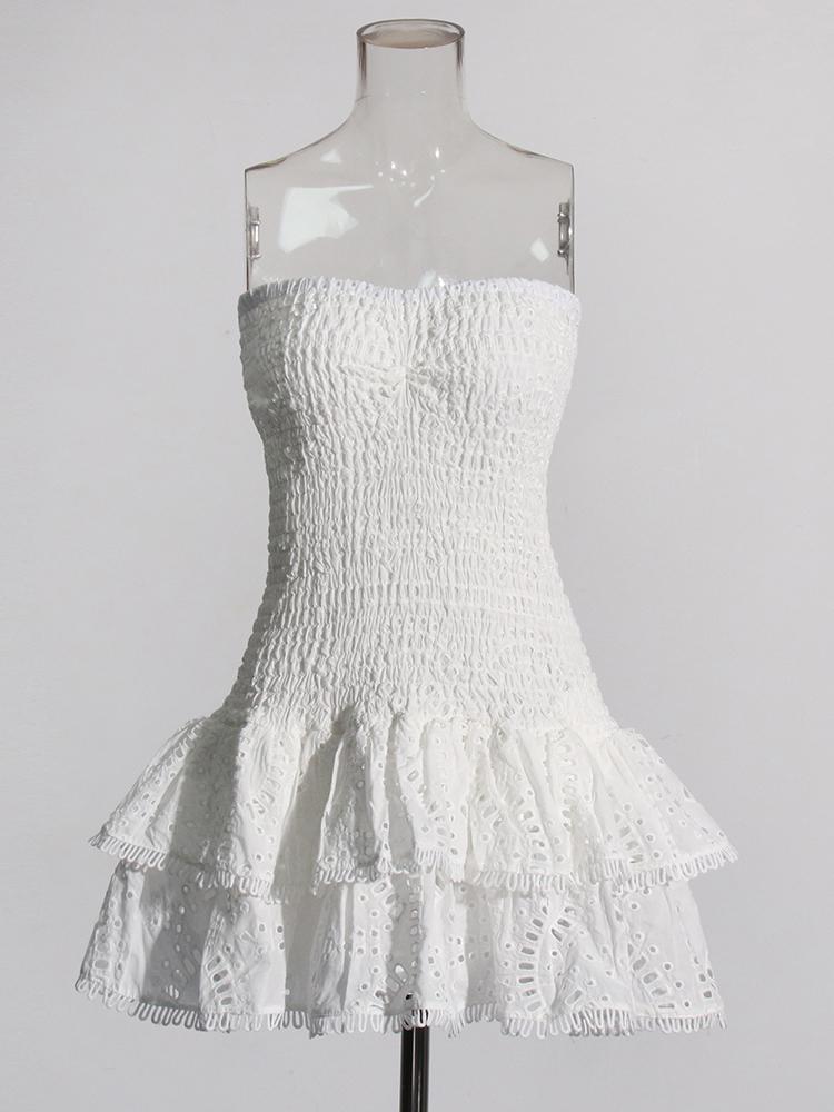 Patchwork Folds Strapless Casual Dress High-Waist Butterfly Sleeve Slim Style