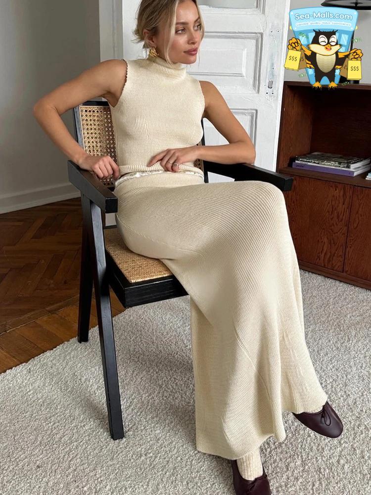 Elegant Yellow Knitted Two-Piece Set Sleeveless Top & Long Skirt