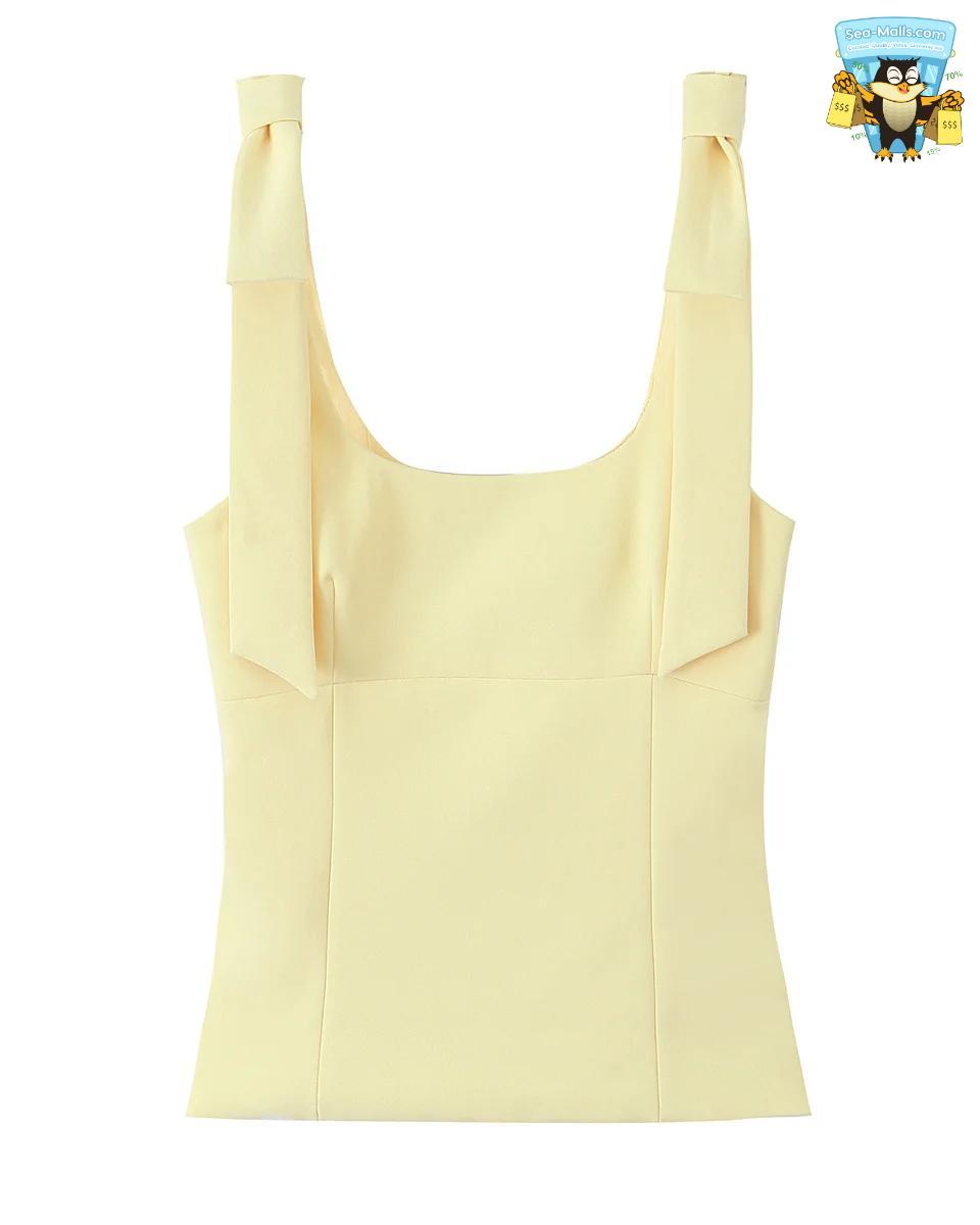 Women's Summer Elegant Square Collar Sleeveless Bow Sling Top with Side Zipper