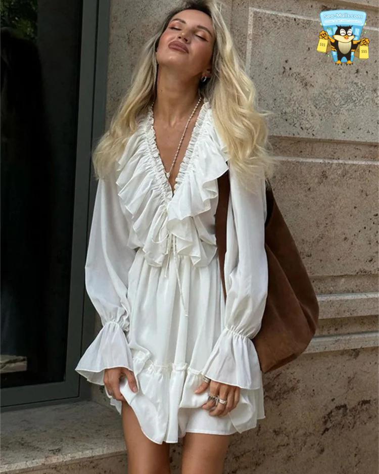 Ruffled V-Neck White Long Sleeve Bandage Mini Dress