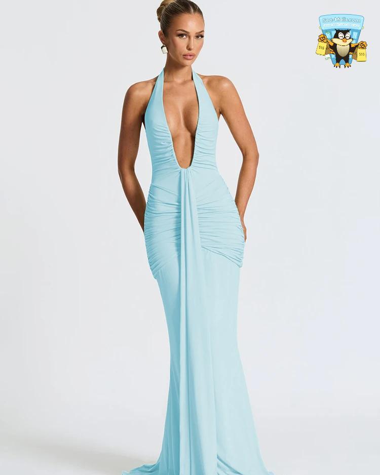 Deep V-Neck Ruched Maxi Dress Sleeveless Backless Evening Gown