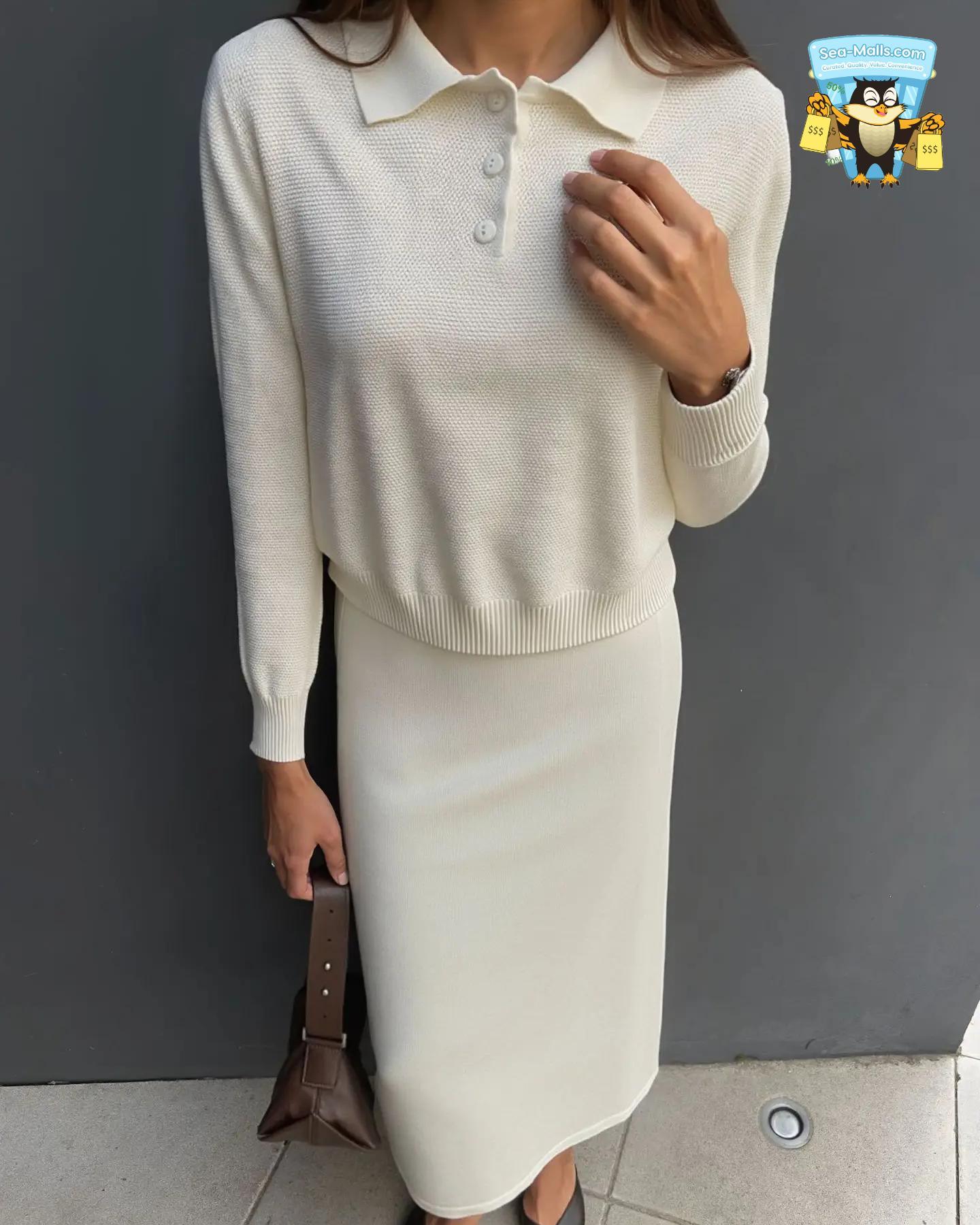 Winter Knitted Polo Sweater & Wide-Leg Pants Set for Women