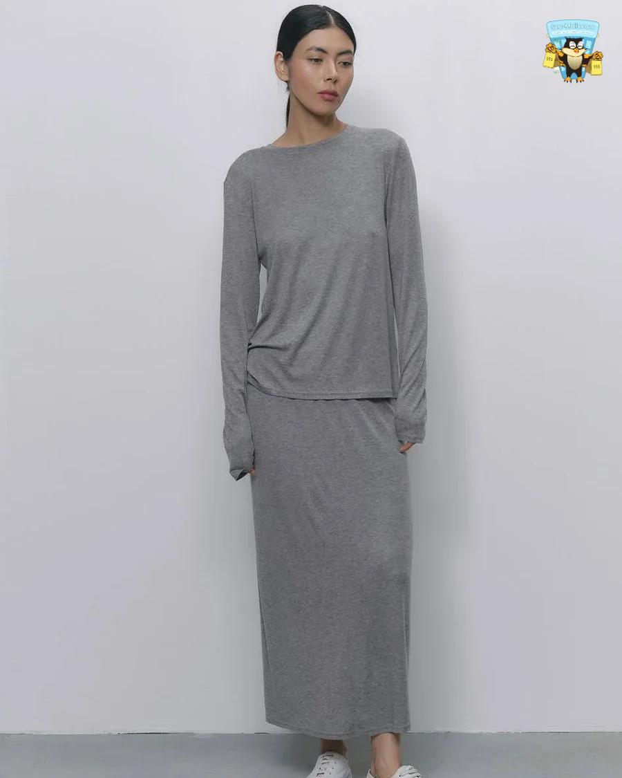 Modal Soft 2-Piece Women’s Set Long Sleeve Top & High-Waist Skirt Casual 2025