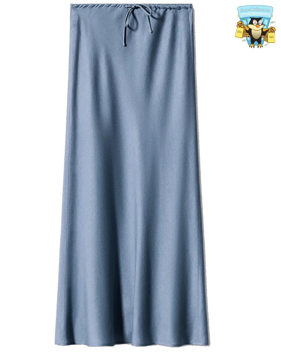 Solid Color Satin Long Skirt – High Waist Lace-Up A-Line Style