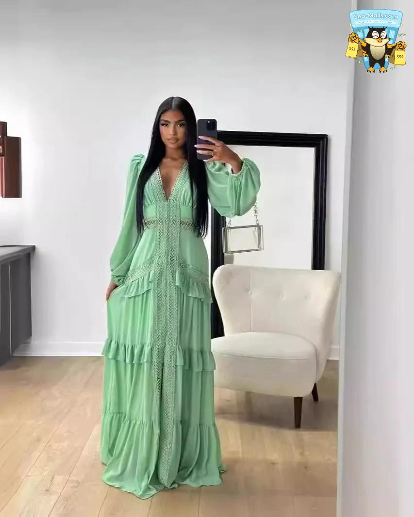 Elegant Ruffle Maxi Dress Long Sleeve Hollow Out Evening Gown