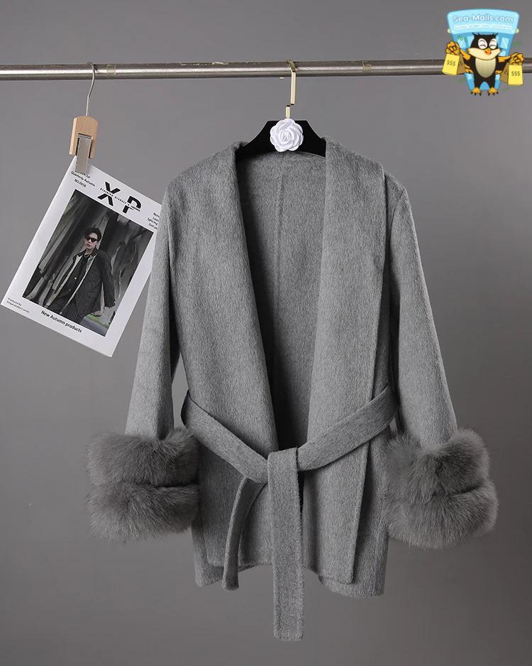 Women's Elegant Woolen Belted Coat with Fur Cuffs Long Sleeve Office Lady Overcoat
