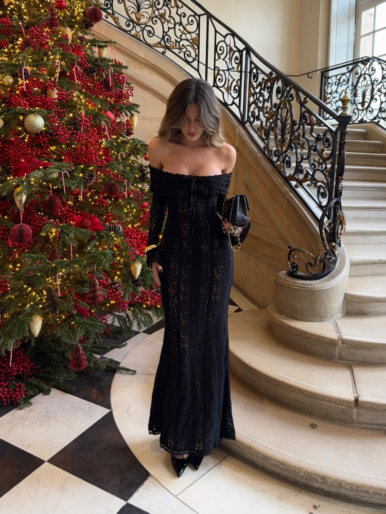 White Off Shoulder Lace Maxi Dress with Long Sleeves
