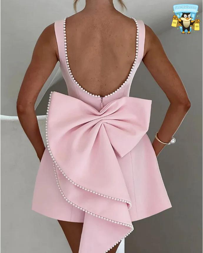 Elegant Pearl Bow Backless Mini Dress Sexy Sleeveless