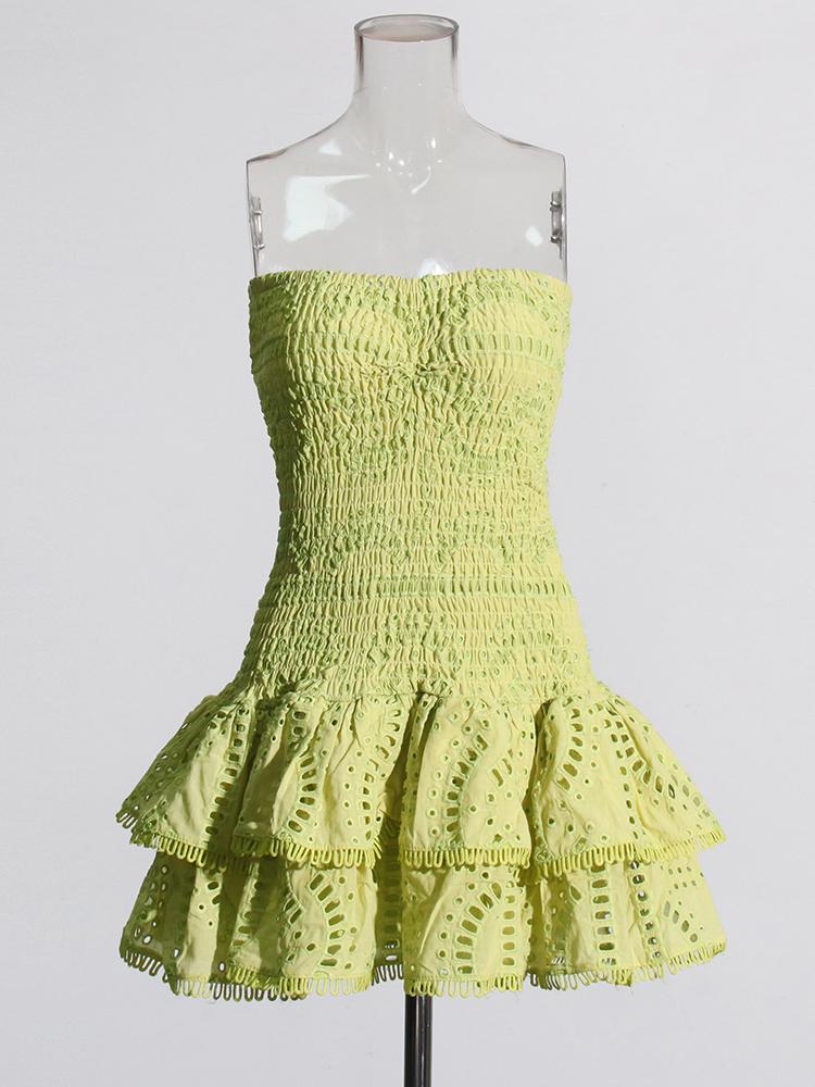 Patchwork Folds Strapless Casual Dress High-Waist Butterfly Sleeve Slim Style