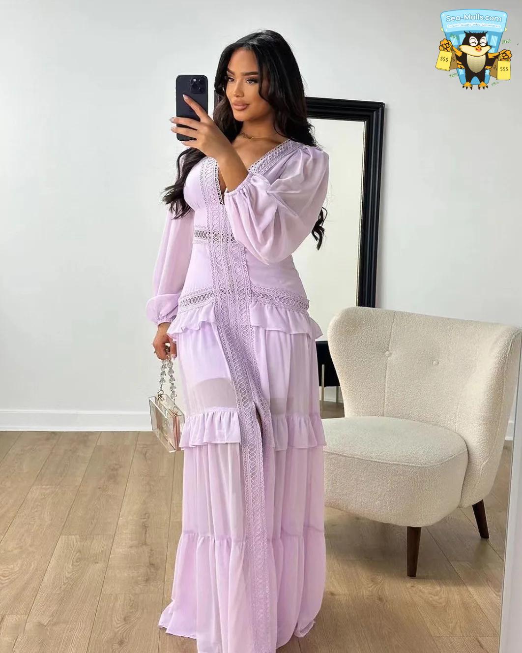 Elegant Ruffle Maxi Dress Long Sleeve Hollow Out Evening Gown