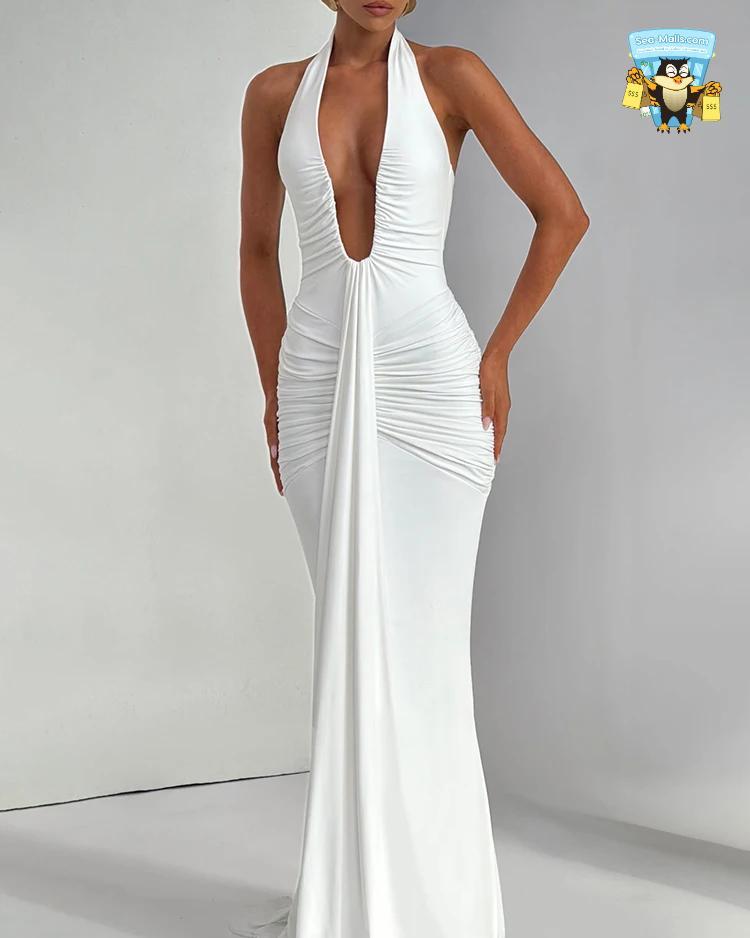 Deep V-Neck Ruched Maxi Dress Sleeveless Backless Evening Gown