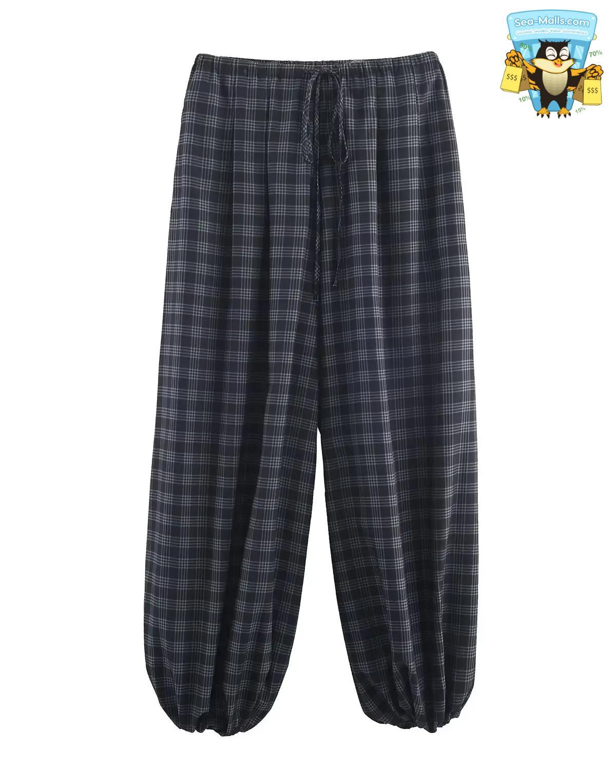 Women Autumn Plaid Loose Pants Drawstring Bloomers Style Casual Streetwear Trousers