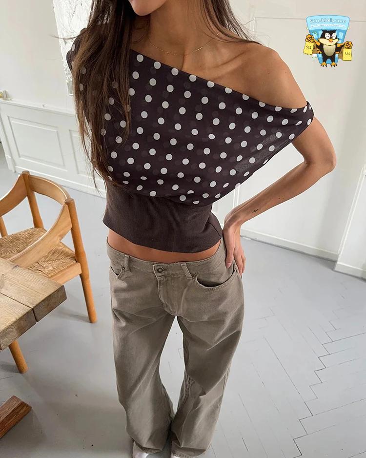 Mozision Backless Polka Dot Crop Tops Women Vest Fashion Summer New Oblique Shoulder Sleeveless Tank Tops Pullovers Female