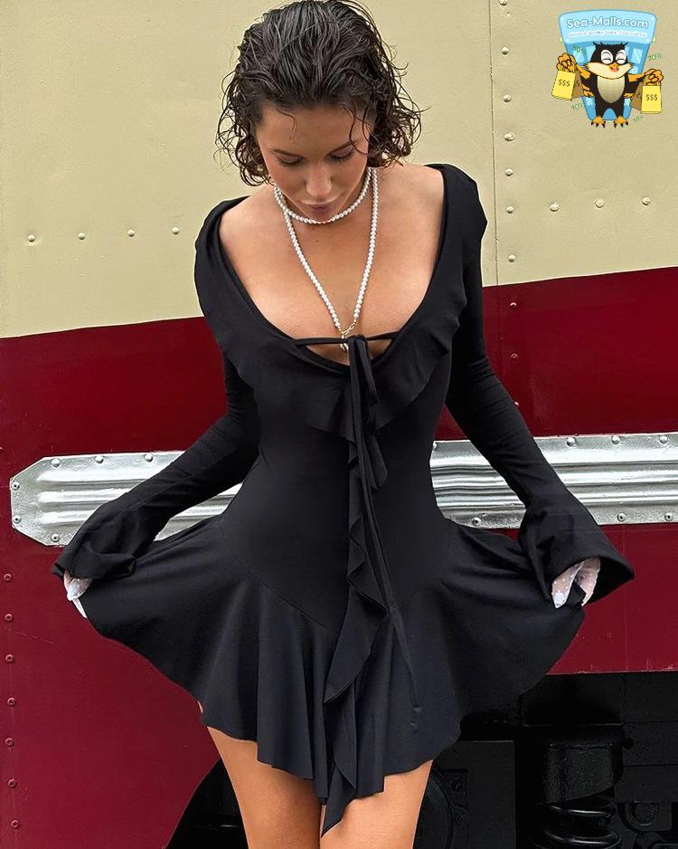 Ruffled Lace-Up V Neck Long Sl