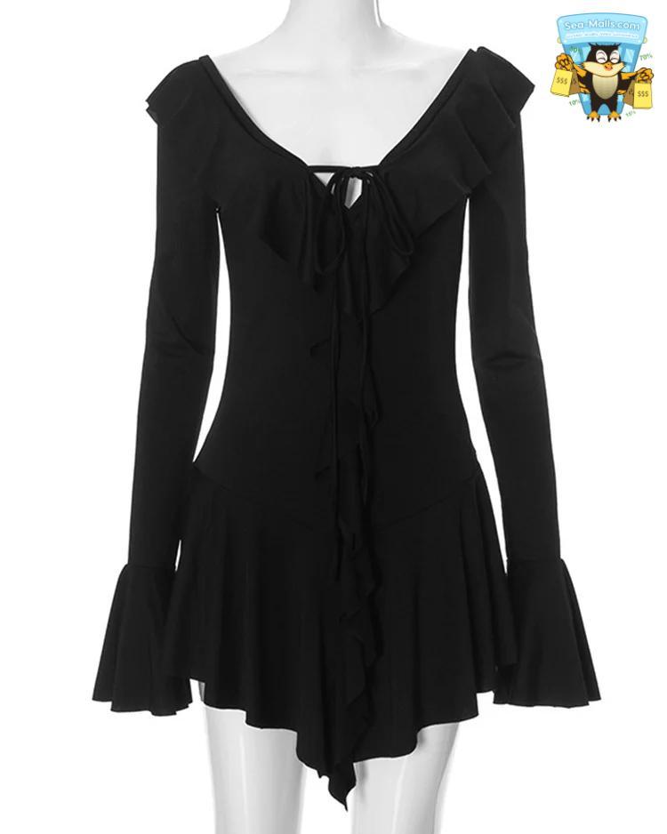 Ruffled Lace-Up V Neck Long Sleeve Summer Mini Dress