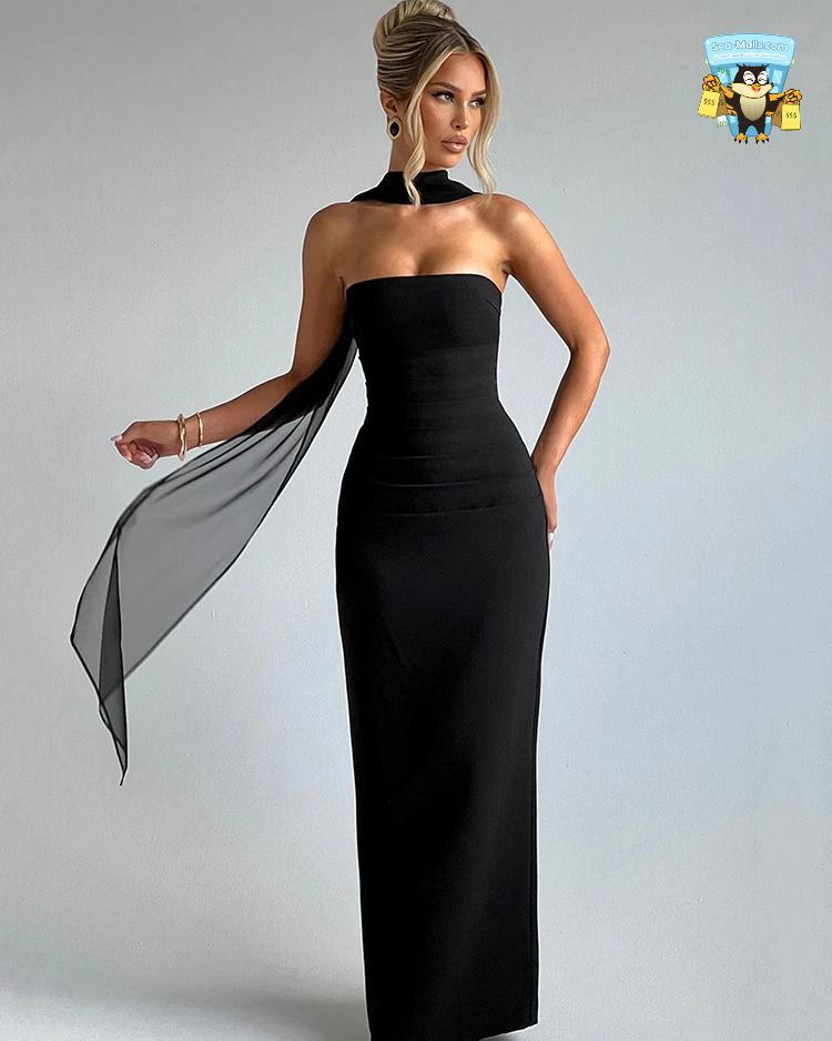 Lace Draped Ruched Maxi Halter