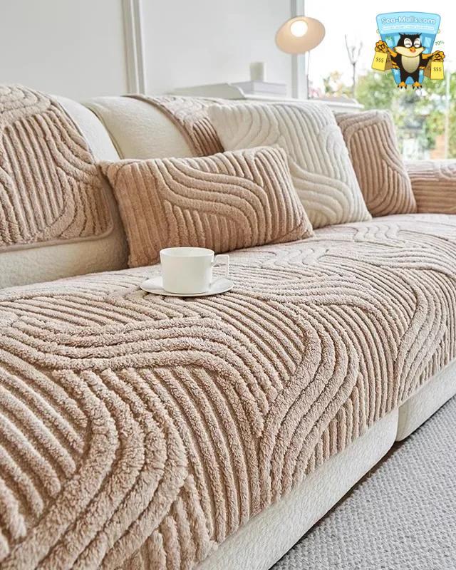 Wave Striped Plush Sofa Cover Non-Slip Living Room Mat