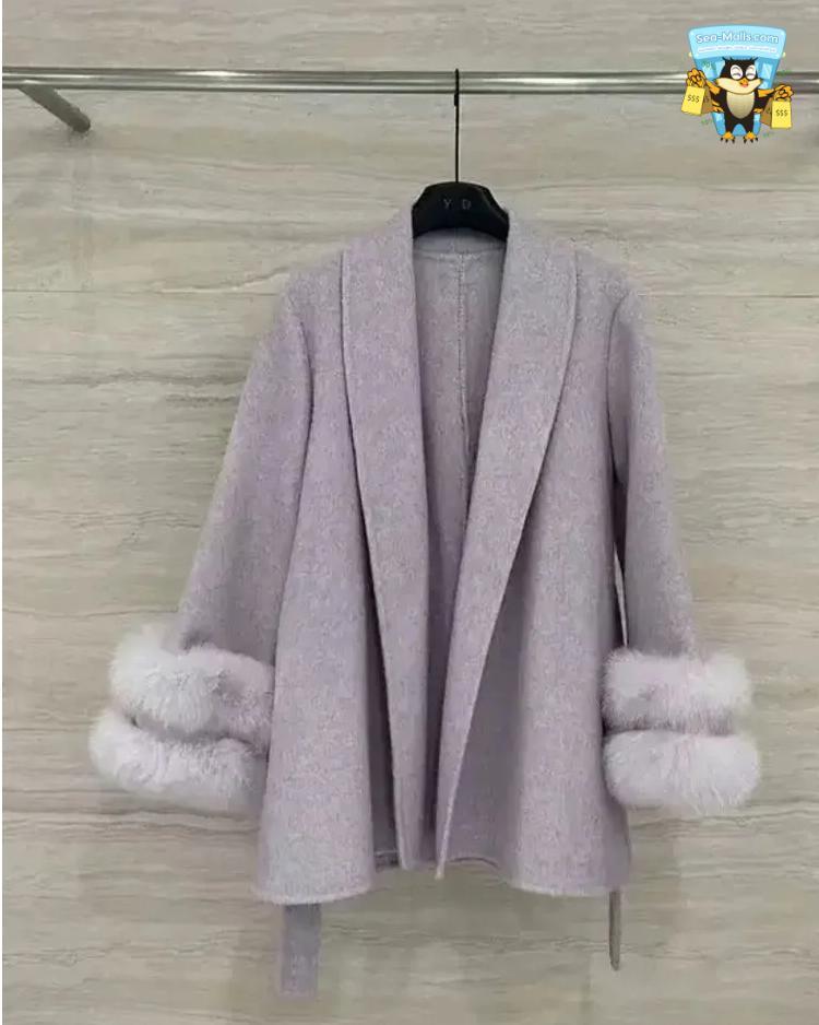 Women's Elegant Woolen Belted Coat with Fur Cuffs Long Sleeve Office Lady Overcoat