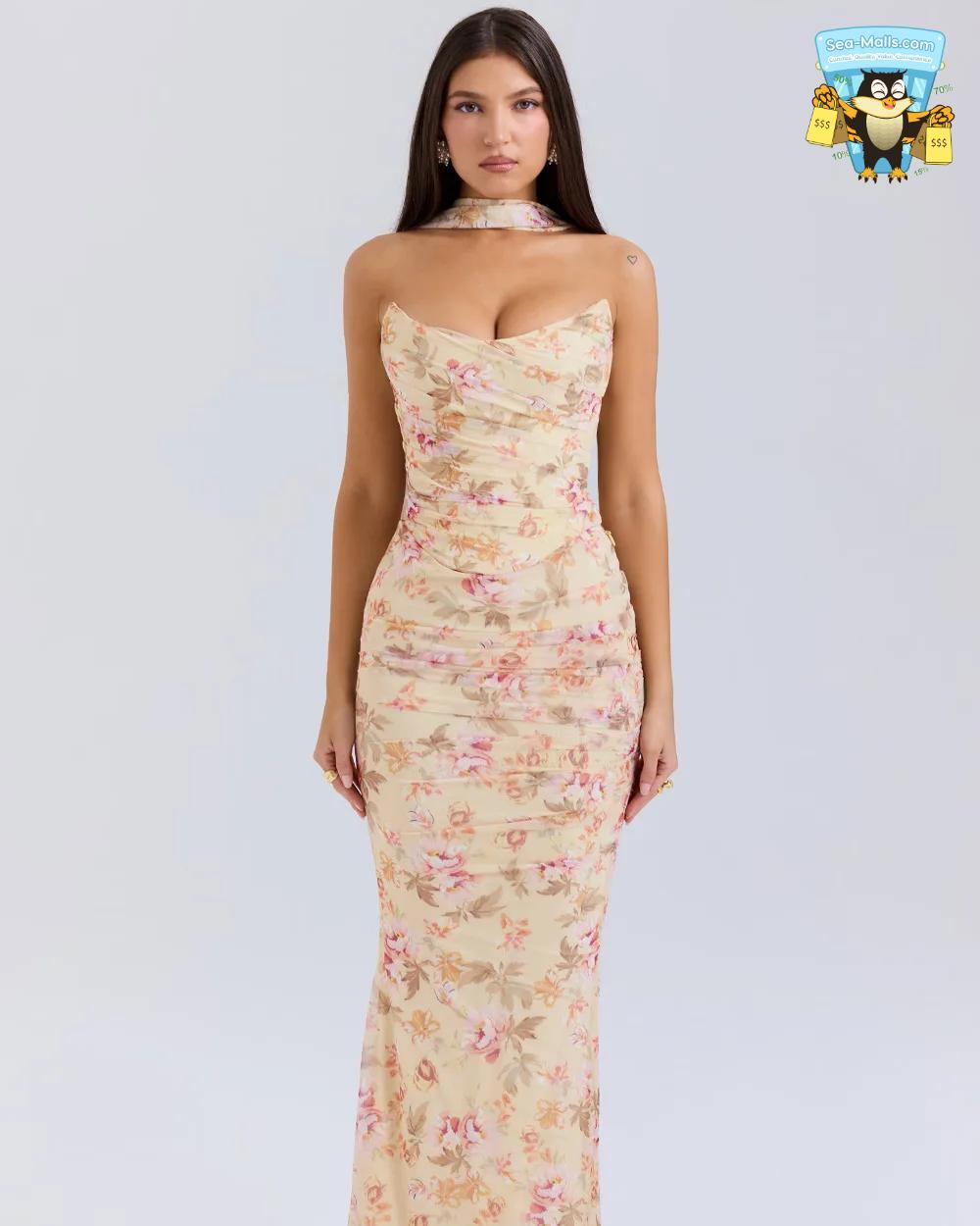 Elegant MaxiStrapless Blue Cropped Top & Bodycon Skirt Set