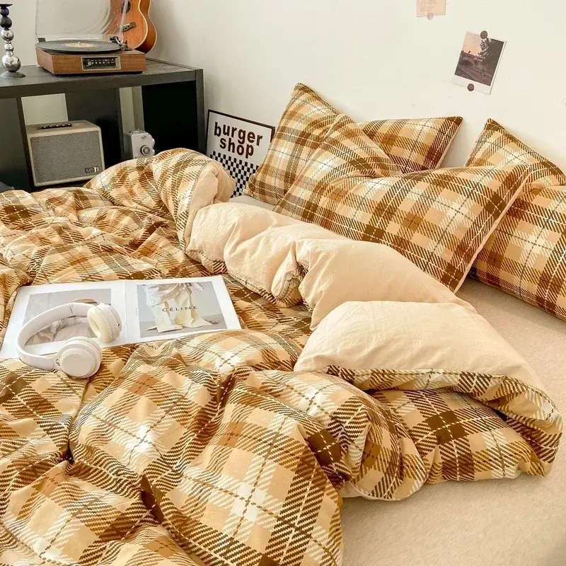 Japanese Style Check Queen Quilt Cover Set 1/3 Pcs Soft Washed Duvet Cover and Pillowcase or Only Duvet Covers Skin-friendly