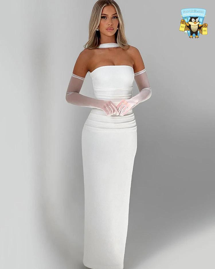 Lace Draped Ruched Maxi Halter Sleeveless Backless Dress