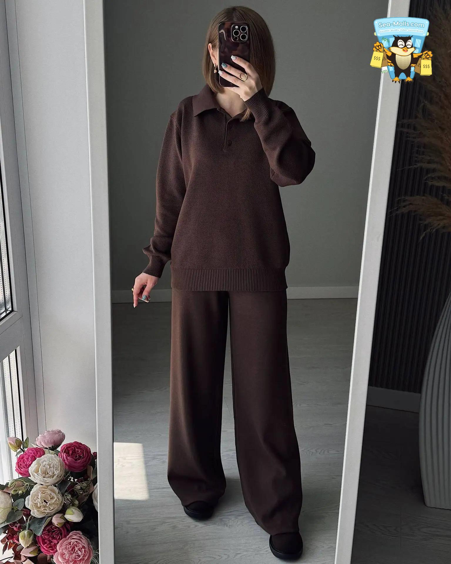 Winter Knitted Polo Sweater & Wide-Leg Pants Set for Women