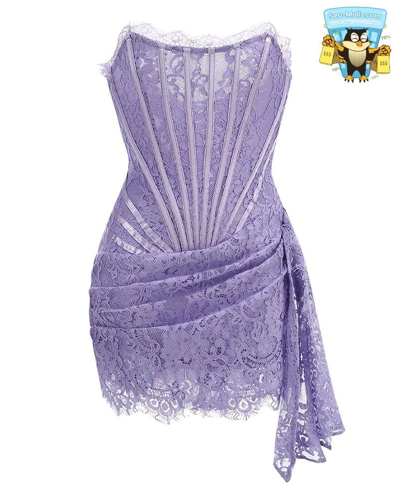 Talenza Women's Sexy Lace Dress Solid Color Sheer Patchwork High Waist Lace Dress Elegant Printed Strapless Slim Evening Dress