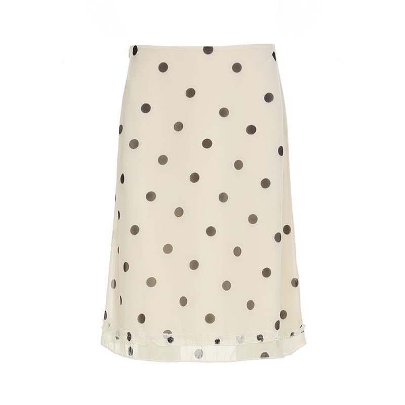 Polka Dot Beige Midi Skirt Lettuce Trim Streetwear Style