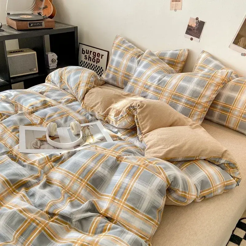 Japanese Style Check Queen Quilt Cover Set 1/3 Pcs Soft Washed Duvet Cover and Pillowcase or Only Duvet Covers Skin-friendly