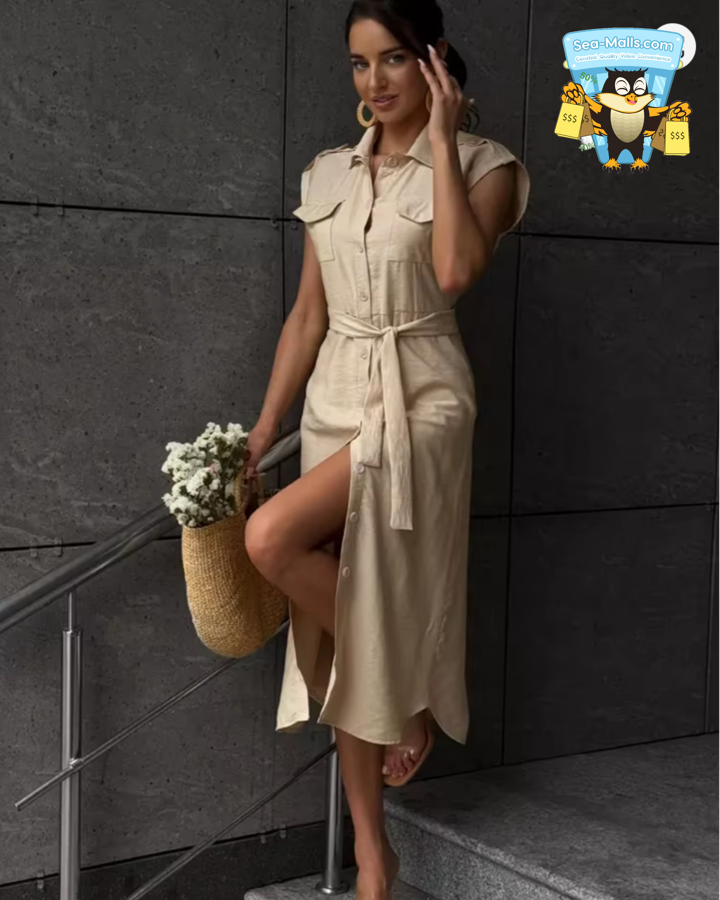 Vintage Turn-Down Collar Midi 