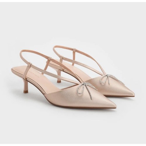 Crystal-Bow Kitten-Heel Slingback Pumps - Nude