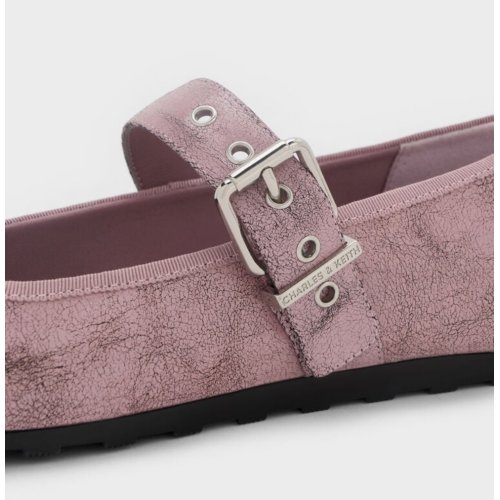  Myler Crinkle-Effect Bow Square-Toe Buckled Mary Janes - Pink 