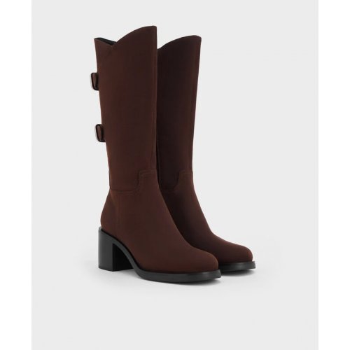  Masei Faux Suede Grommet-Strap Knee-High Boots - Dark Brown 