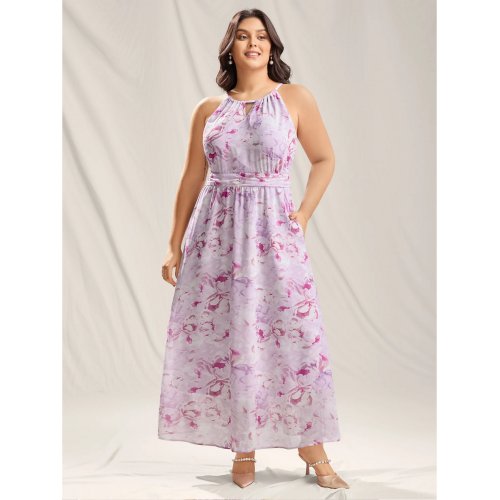  Floral Print Halter Neck Stretchy Midi Dress
